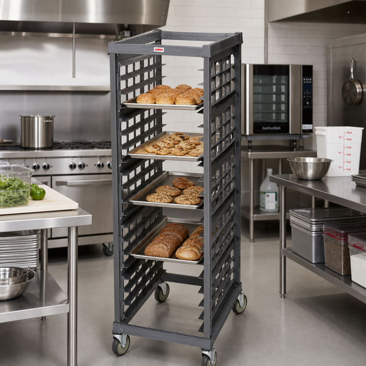 Product image #3 for Cambro Camshelving Ultimate Full-Size Mobile Sheet Pan Rack, Factory Assembled, 3-Inch Rail Spacing, Plastic Casters