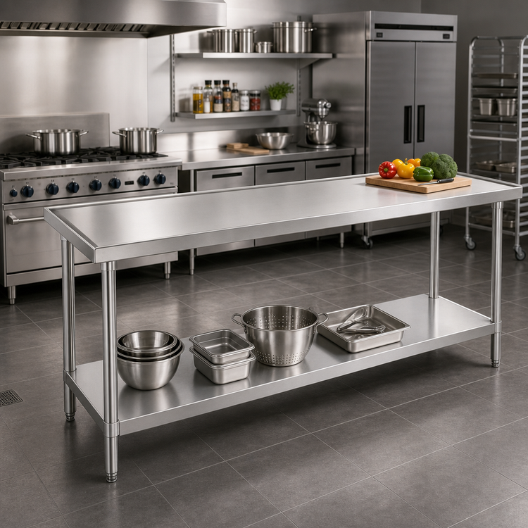 Product image #2 for Advance Tabco 120" x 24" Flat Top 14-Gauge 304 Stainless Steel Work Table with Galvanized Undershelf