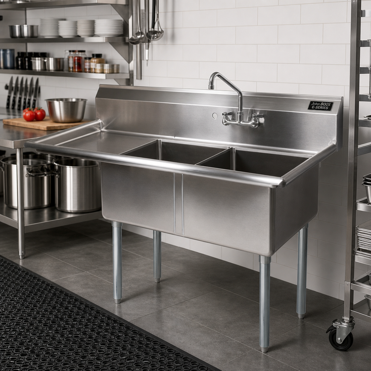 Product image #2 for John Boos E-Series 2-Compartment Stainless Steel Floor Model Sink with Left Drainboard