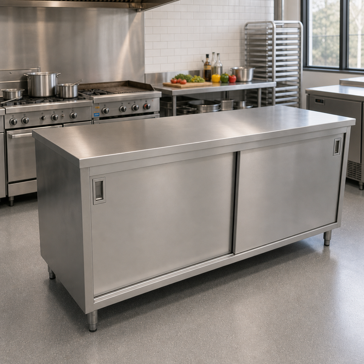 Product image #2 for Omcan USA 72" x 30" Stainless Steel Enclosed Work Table with Sliding Doors