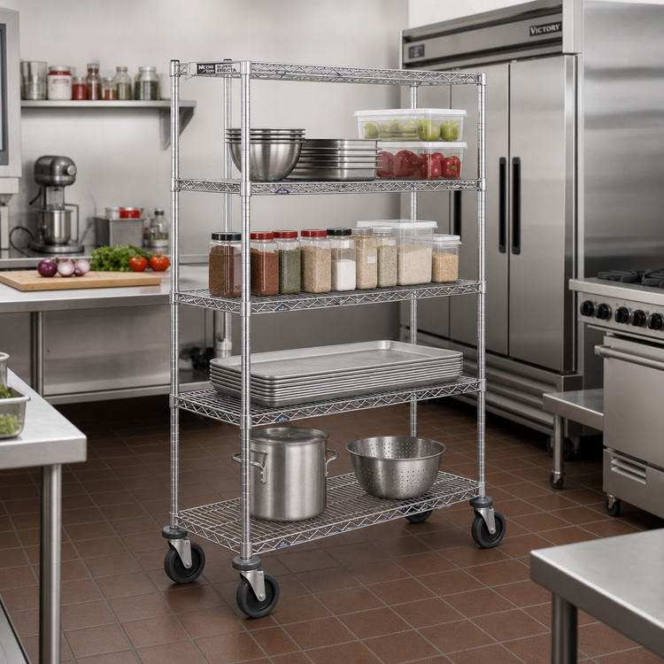 Product image #2 for Metro Super Erecta Wire Stem Caster Cart with 4 Shelves, 60 x 21 x 69 Inches, Chrome, Polyurethane Casters
