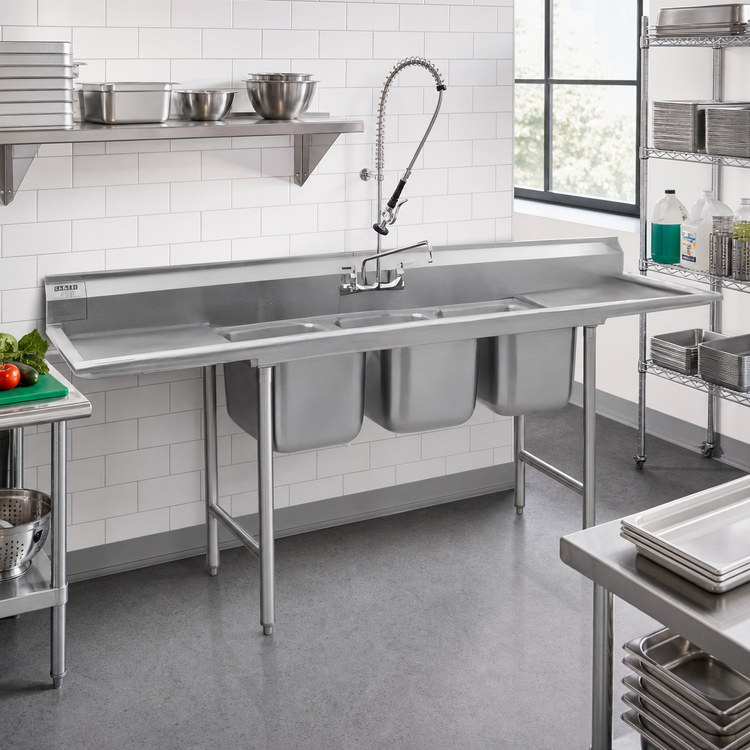 Product image #2 for Eagle Group 314 Series Three-Compartment Sink with Right Drainboard, 74-3/8" W x 27-1/2" D, 304 Stainless Steel