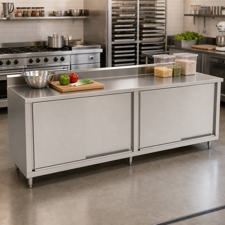 Product image #2 for John Boos 144-Inch x 36-Inch Stainless Steel Cabinet Base Work Table with Sliding Doors and 5-Inch Backsplash