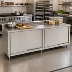 Thumbnail image #2 for John Boos 4CS6R5-36144 144-Inch x 36-Inch Stainless Steel Enclosed Work Table with Sliding Doors and 5-Inch Backsplash