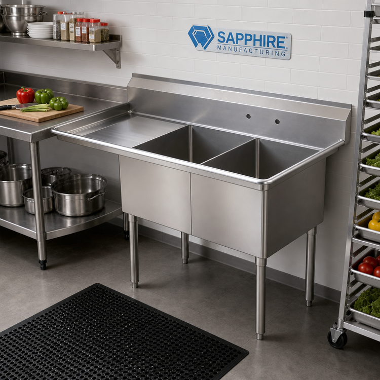 Product image #2 for Sapphire Manufacturing Commercial 18-Gauge 304 Stainless Steel 2-Compartment Sink with Left Drainboard and Backsplash, 52-1/2 Inch Wide