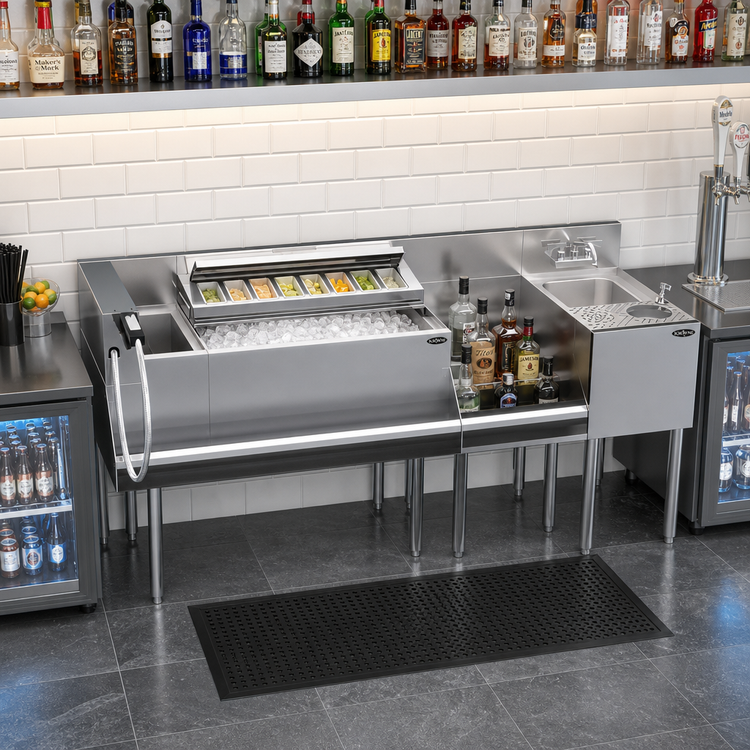 Product image #2 for Krowne Royal Series 74-Inch Stainless Steel Underbar Workstation with Ice Bin, Speedrail, Soda Gun Holder, and Hand Sink