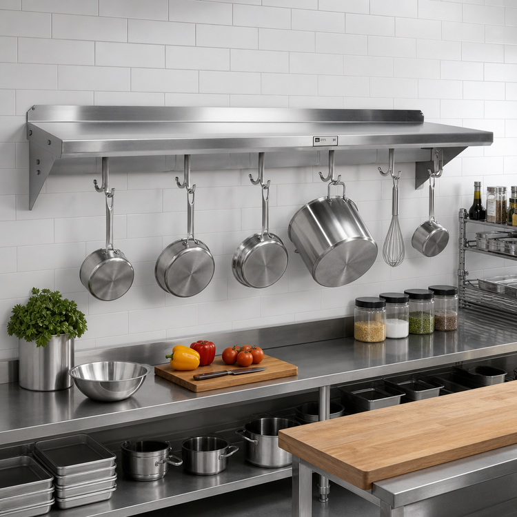 Product image #2 for John Boos Stallion Wall-Mount Pot Rack Shelf with 7 Hooks, 84 x 18 x 13 Inches
