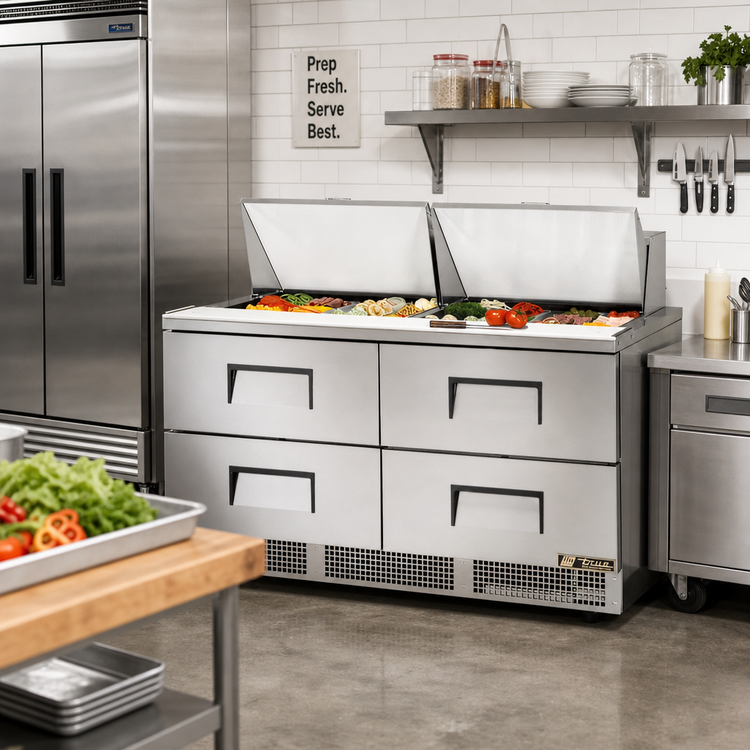 Product image #2 for True 64-Inch Two-Section 4-Drawer Stainless Steel Sandwich/Salad Prep Table with Rear-Mounted Self-Contained Refrigeration