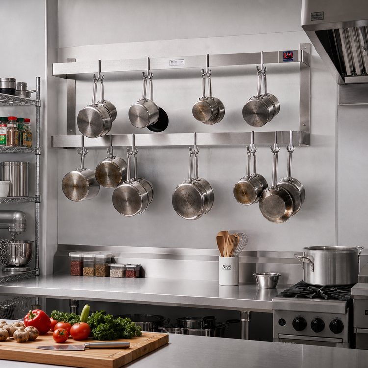 Product image #2 for John Boos PRW24-X Wall-Mount Double-Bar Stainless Steel Pot Rack with 16 Double Hooks, 96 Inch