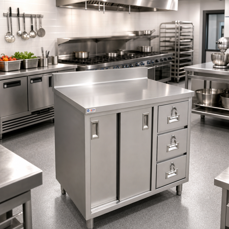 Product image #2 for Omcan Stainless Steel Enclosed Work Table with Sliding Doors and 3 Drawers, 48 x 30 Inches