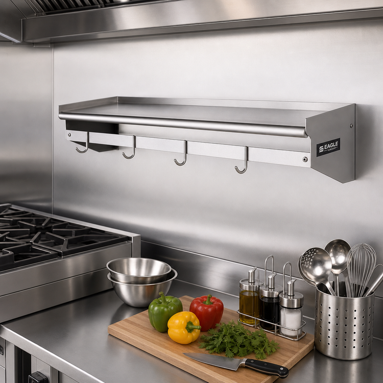 Product image #2 for Eagle Group Wall-Mounted Stainless Steel Pot Rack Shelf, 48"W x 12"D, with 4 Hooks
