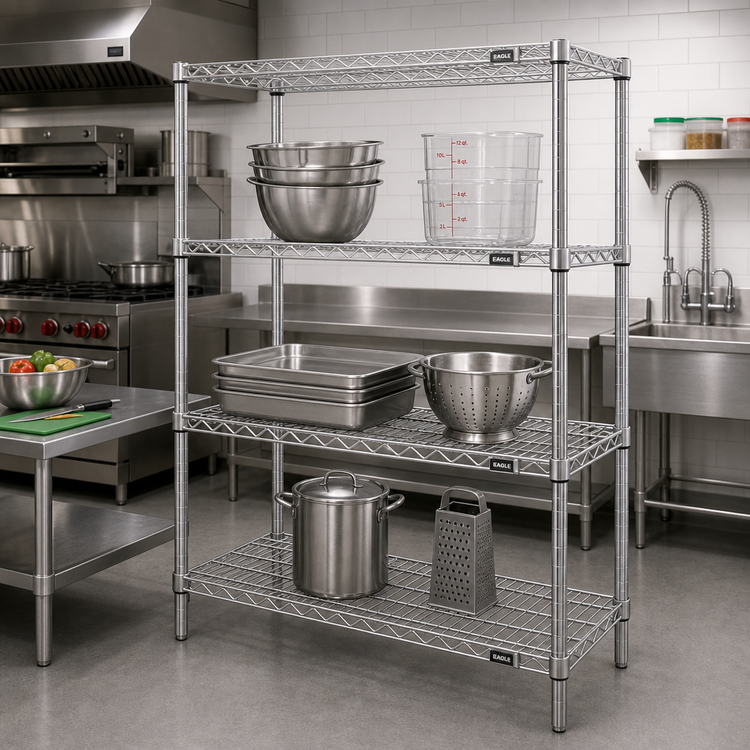 Product image #2 for Eagle Group 4-Tier Wire Starter Shelving Unit with QuadTruss Design, 72"W x 24"D x 63"H, Stainless Steel Finish