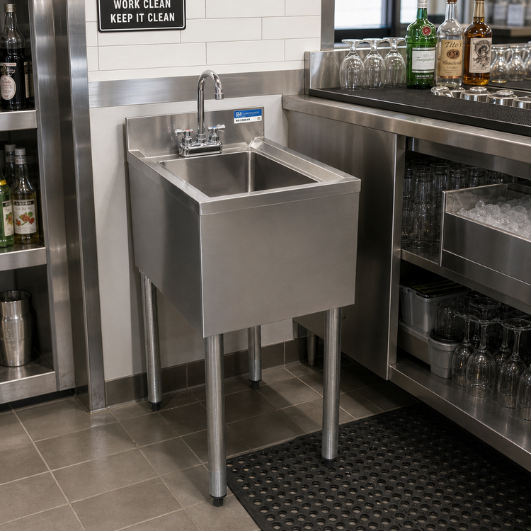 Product image #2 for BK Resources 1-Compartment Underbar Dump Sink with Faucet, 10 x 14 x 6 Bowl, 14-1/2 Inch W x 18-1/4 Inch D x 32-1/2 Inch H