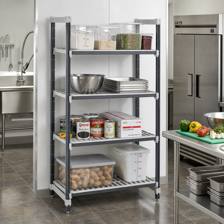 Product image #2 for Cambro Camshelving Elements XTRA 4-Tier Stationary Starter Unit, 18 x 72 x 64 Inches, Vented, Speckled Gray