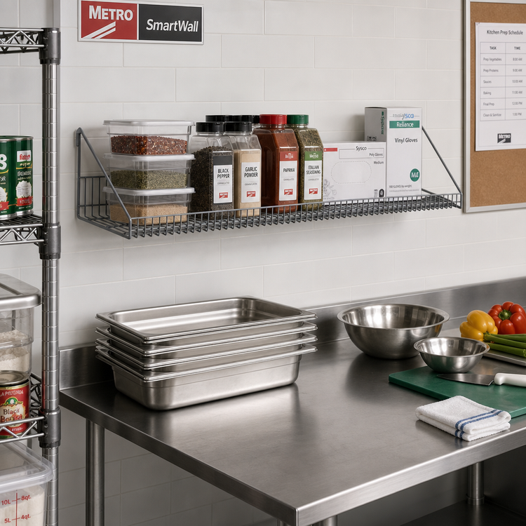 Product image #2 for Metro SmartWall 48-Inch W x 14-Inch D Wall-Mounted Grid Shelf with Retaining Edge, Metroseal Gray