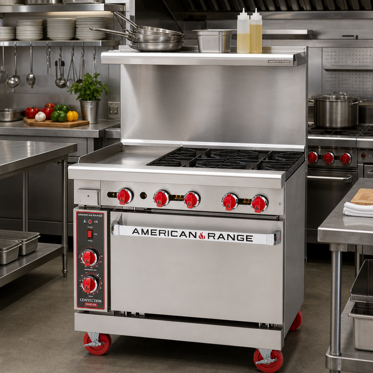 Product image #2 for American Range 36-Inch Gas Restaurant Range with 12-Inch Griddle, 4 Open Burners, and Convection Oven