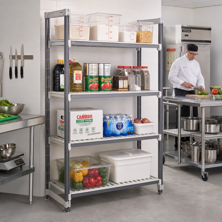 Product image #2 for Cambro Camshelving Elements XTRA High Density Top Rail Stationary Starter Unit, 18-Inch Deep x 42-Inch Wide x 81-Inch High, 4-Tier Vented Shelving