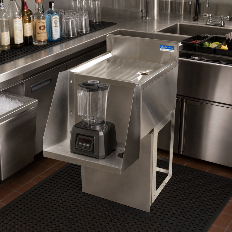Product image #2 for BK Resources Freestanding Underbar Mixing Station with Drainboard and Blender Shelf, 12 x 18 Inch, 304 Stainless Steel
