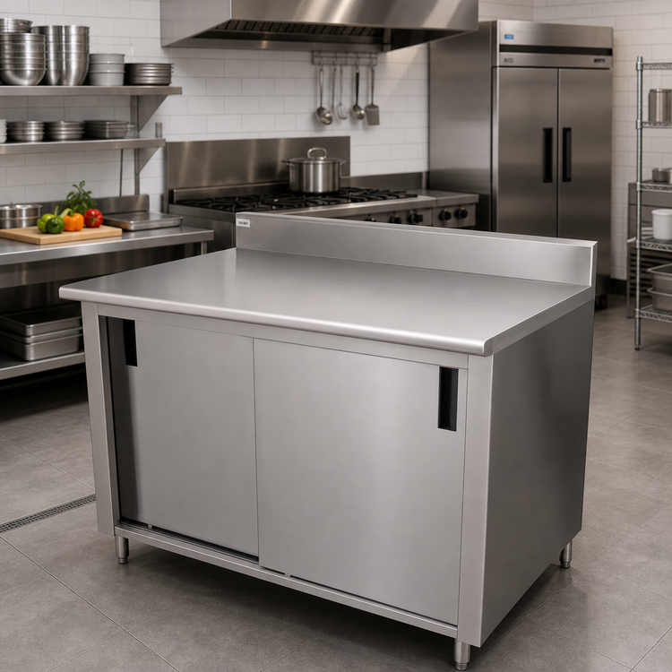 Product image #2 for Advance Tabco Cabinet-Base Enclosed Work Table with Sliding Doors, 144 x 36 Inches, 14 Gauge 304 Stainless Steel Top, 5 Inch Backsplash