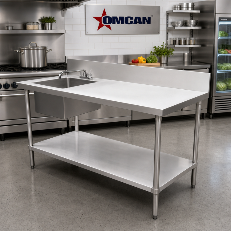 Product image #2 for Omcan 60-Inch Stainless Steel Work Table with Left Prep Sink, Backsplash, and Undershelf
