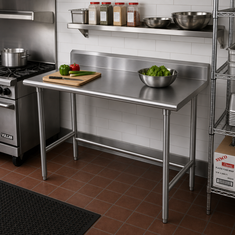 Product image #2 for Advance Tabco Special Value Series 60-Inch x 24-Inch 16-Gauge 304 Stainless Steel Work Table with 5-Inch Backsplash and Open Base