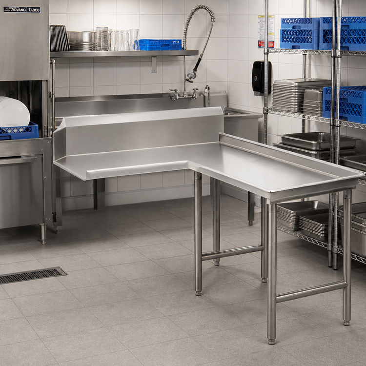 Product image #2 for Advance Tabco L-Shaped Island-Clean Dish Table, Right-Side Attachment, 71 Inch, 304 Stainless Steel Top