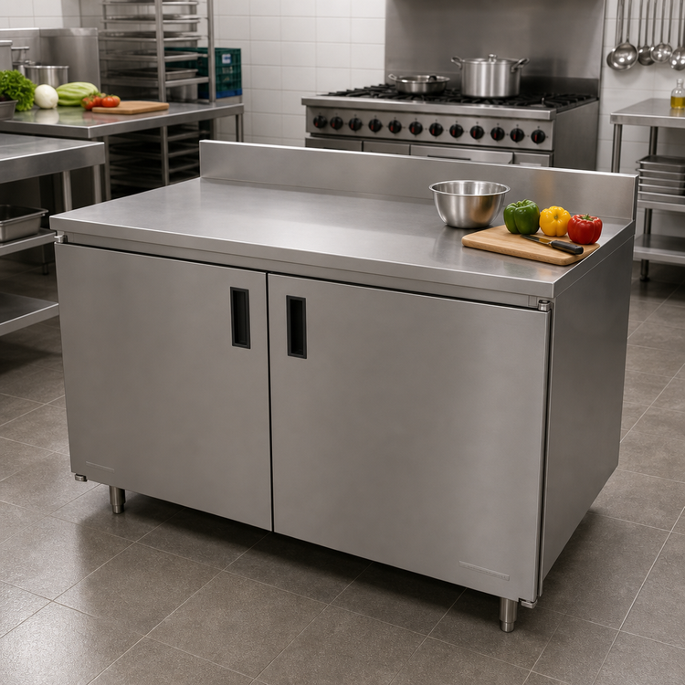 Product image #2 for Advance Tabco 60" W x 30" D Enclosed Work Table with 14-Gauge 304 Stainless Steel Top, Cabinet Base, Mid-Shelf, Hinged Doors, and 5" Backsplash