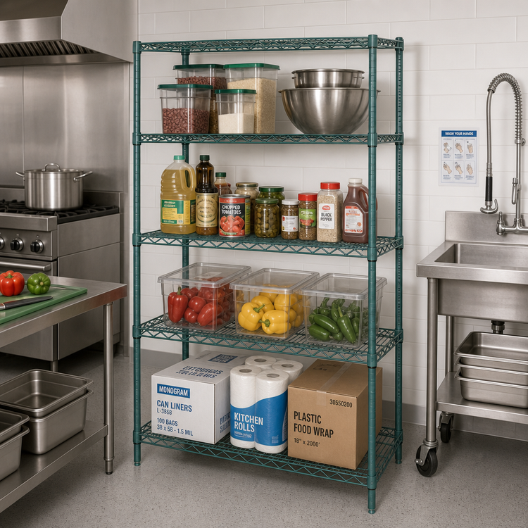 Product image #2 for Quantum 60W x 18D x 74H 4-Shelf Wire Shelving Starter Kit, Stationary, Green Epoxy Antimicrobial Finish