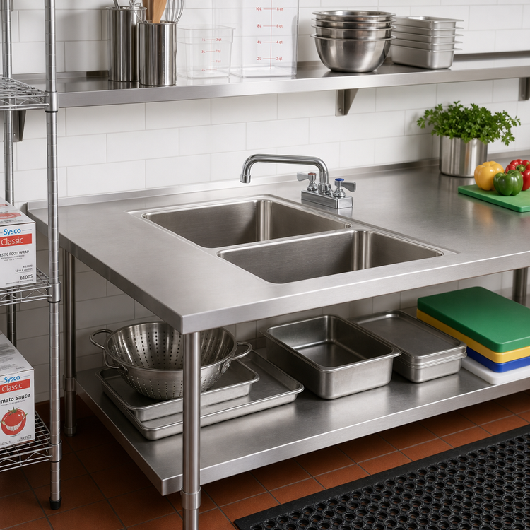 Product image #2 for Advance Tabco TA-11E-2 Built-In Double Bowl Sink Top with 24" x 24" x 14" Deep Bowls