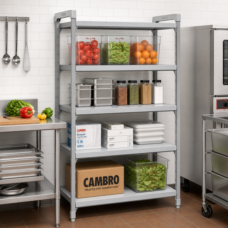 Product image #3 for Cambro Camshelving Premium 24" x 42" Solid Shelf Kit, 4-Shelf, Speckled Gray