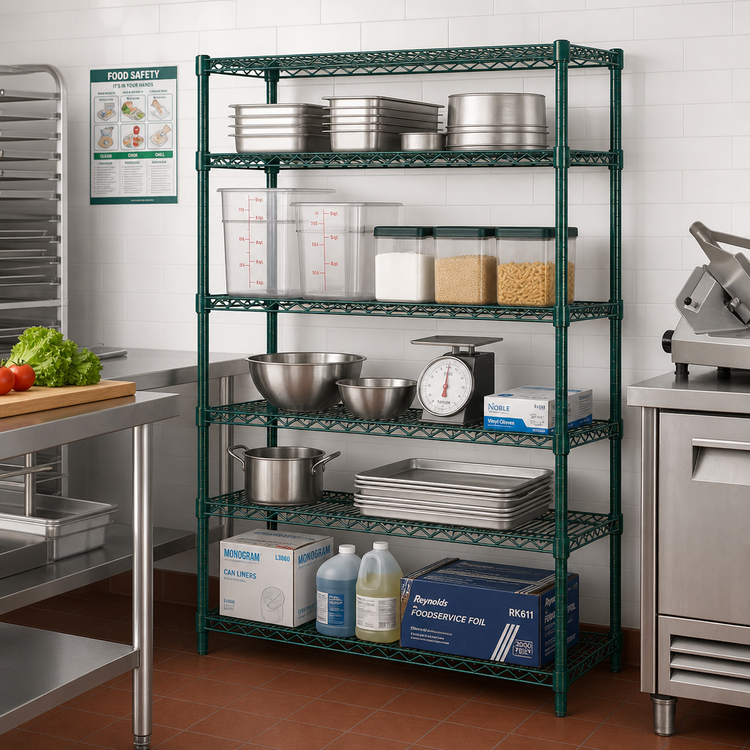 Product image #2 for Quantum 60-Inch W x 14-Inch D x 54-Inch H Stationary Wire Shelving Starter Kit, 5 Shelves, Green Epoxy Finish