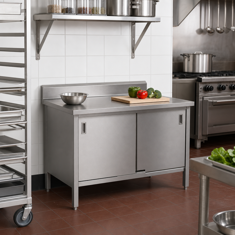 Product image #2 for John Boos Enclosed Base Work Table with Sliding Doors, 36 x 24 Inches, 16-Gauge 300 Series Stainless Steel Top, 5-Inch Backsplash