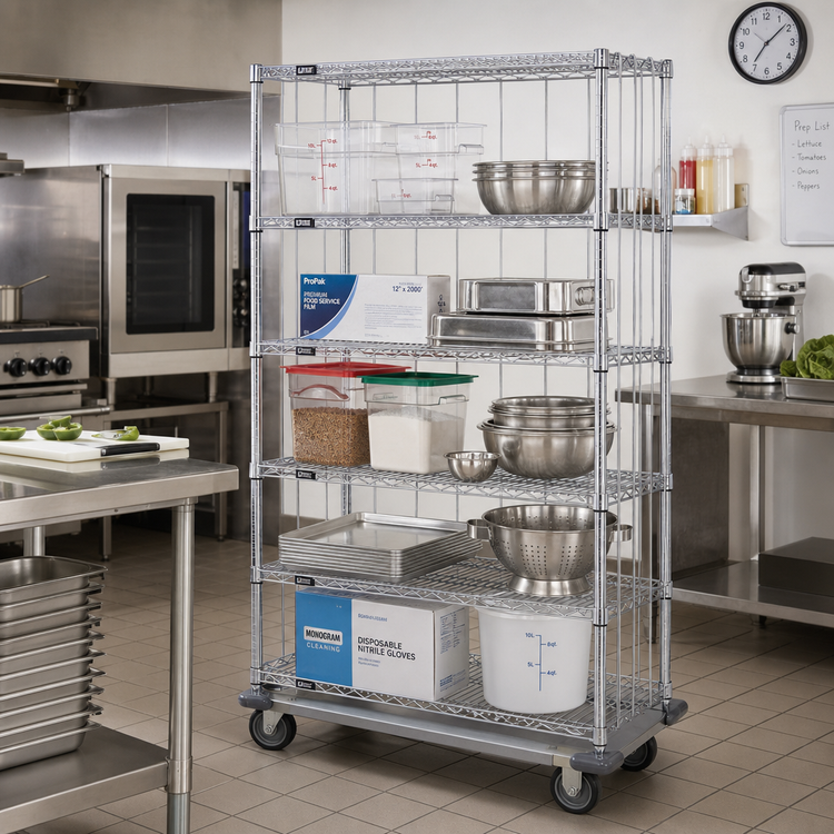 Product image #2 for Quantum 60"W x 24"D x 81"H Mobile Enclosure Cart, 5 Wire Shelves, Chrome Plated Finish