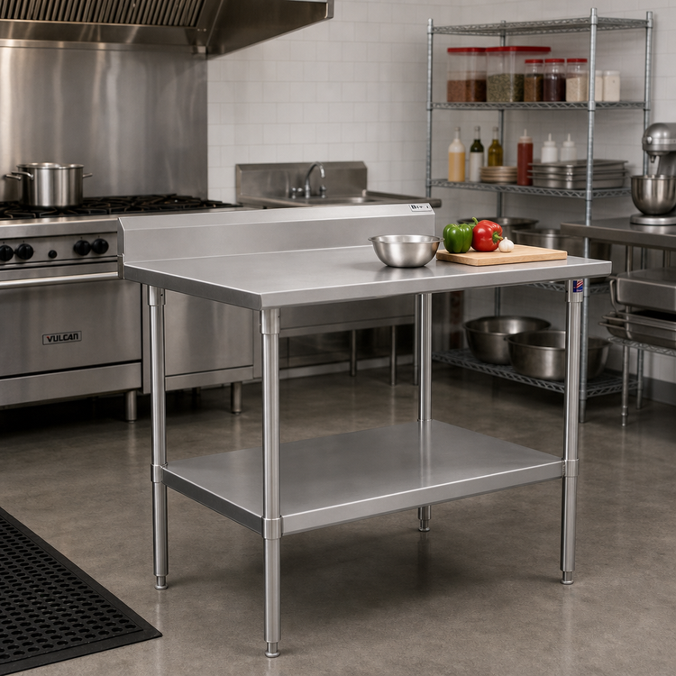 Product image #2 for John Boos Stallion 60-Inch W x 24-Inch D 16-Gauge Stainless Steel Top Work Table with 5-Inch Backsplash and Adjustable Undershelf
