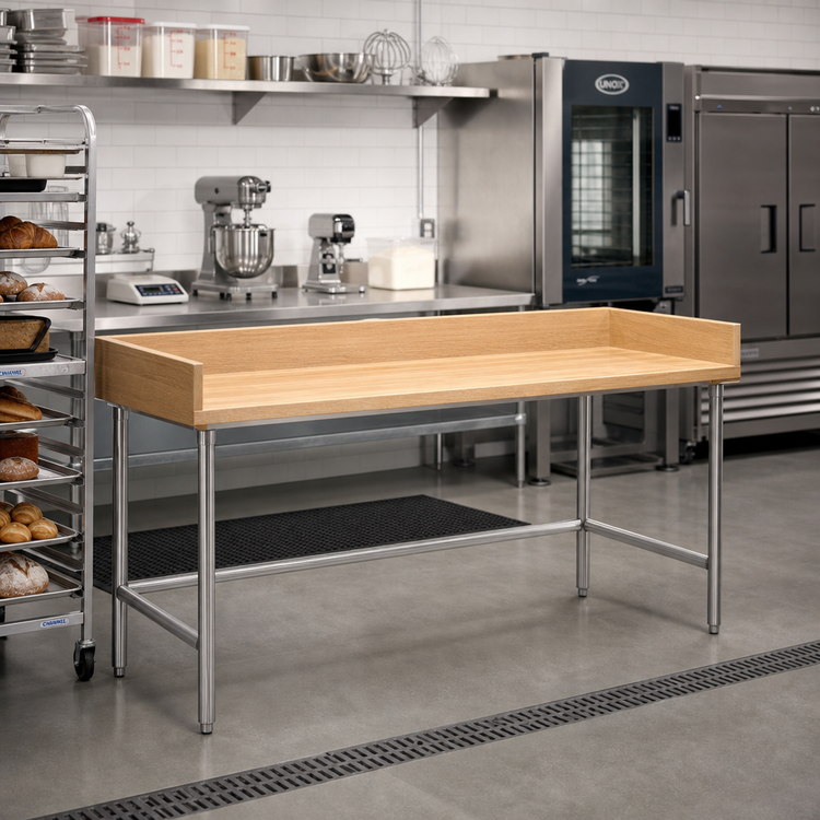 Product image #2 for Advance Tabco 84-Inch x 30-Inch Wood Top Bakers' Table with Stainless Steel Base and 4-Inch Rear and Side Splashes