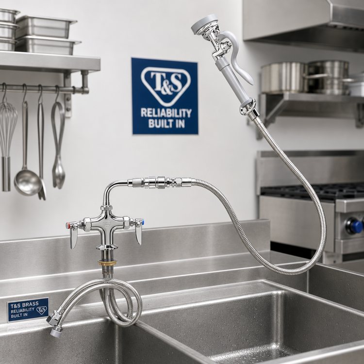 Product image #2 for T&S Brass Single-Hole Deck-Mount Mixing Pre-Rinse Faucet Kit with 44-Inch Hose and 1.42 GPM Spray Valve