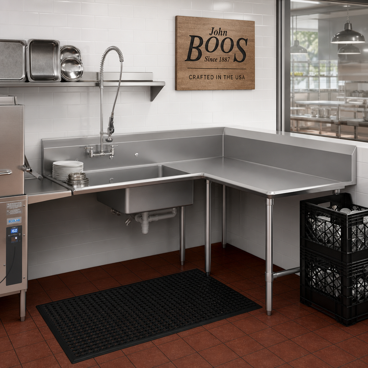 Product image #2 for John Boos Pro-Bowl Corner L-Shaped Soiled Dishtable with Pre-Rinse Sink Bowl, 60 In. x 120 In., Right-to-Left