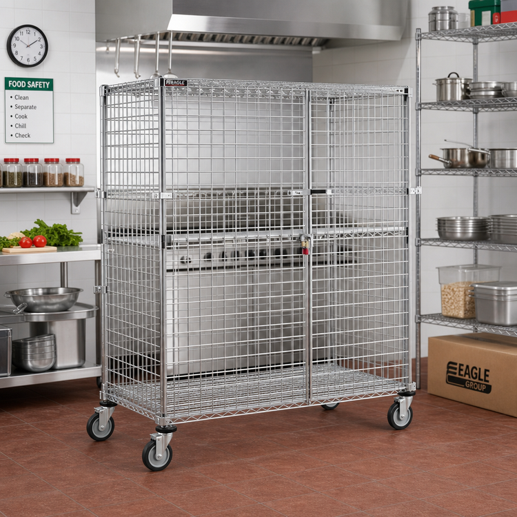 Product image #2 for Eagle Group QuadTruss Mobile Wire Security Cage with Double Doors and Casters, Chrome-Plated Finish, 63-1/4"W x 33-1/4"D x 69"H