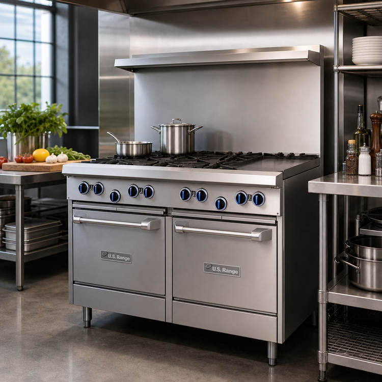 Product image #2 for US Range U-Series 48-Inch Gas Restaurant Range with 6 Open Burners, 12-Inch Griddle, and Dual Space-Saver Ovens