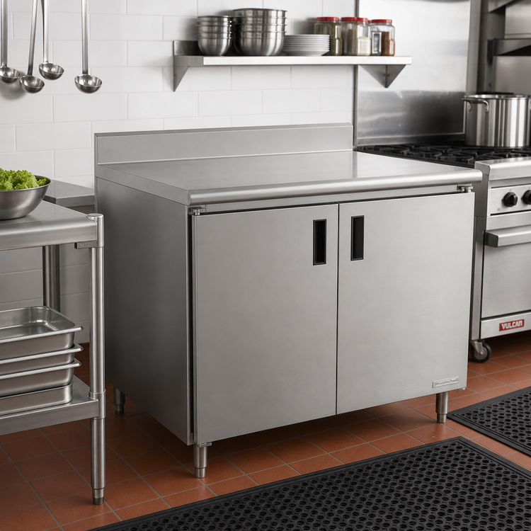 Product image #2 for Advance Tabco Special Value Economy Enclosed Work Table with Cabinet Base, Mid-Shelf and Hinged Doors, 48 x 30 Inch, 304 Stainless Steel Top, 5 Inch Backsplash