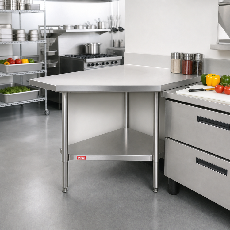 Product image #2 for Duke Stainless Steel Corner Work Table with Undershelf, 30 x 30 Inch, Flat Top