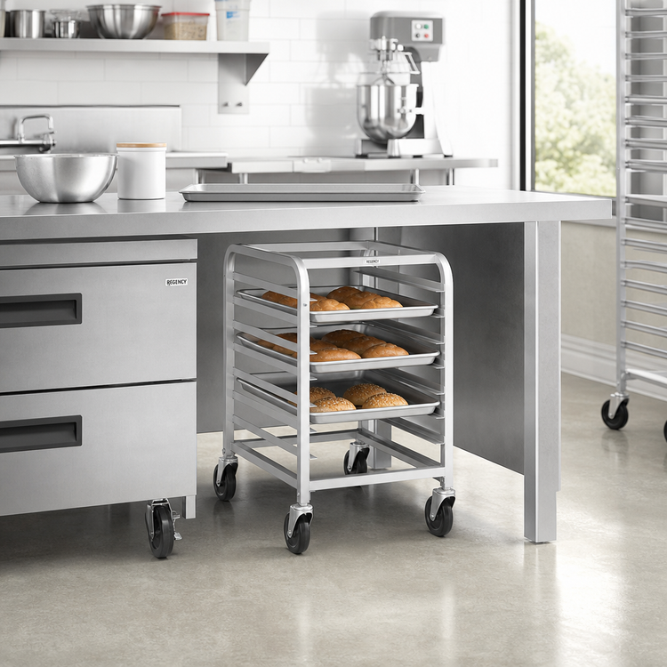 Product image #2 for Under-Counter Stainless Steel End-Load Bun Pan Rack, 5-Pan Capacity, 5-Inch Casters