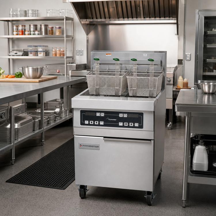 Product image #2 for High-Production Electric Fryer Battery with Built-In Filtration, Four 80-Lb Frypots, 480V