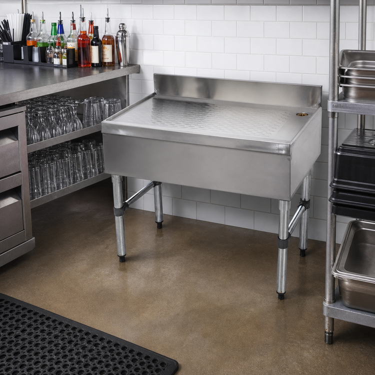 Product image #2 for Advance Tabco Underbar Basics Free-Standing Stainless Steel Drainboard with 4-Inch Backsplash, 30 x 21 x 33 Inches