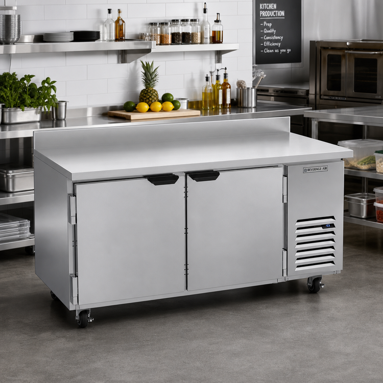 Product image #2 for Beverage-Air 67-Inch Two-Section Worktop Freezer with Solid Doors, Side-Mounted Self-Contained Refrigeration, and 4-Inch Backsplash