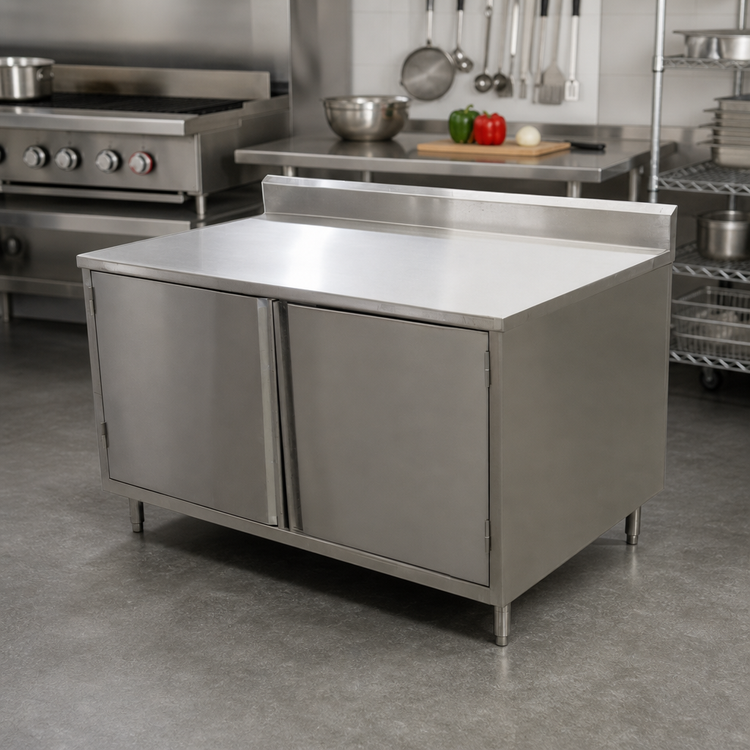 Product image #2 for BK Resources 24 x 24 Inch Stainless Steel Enclosed Work Table with Cabinet Base, Hinged Doors, and 5-Inch Back Riser
