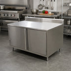 Thumbnail image #2 for BK Resources CSTR5-2424H 24 x 24 Inch Stainless Steel Enclosed Work Table with Hinged-Door Cabinet Base and 5-Inch Back Riser