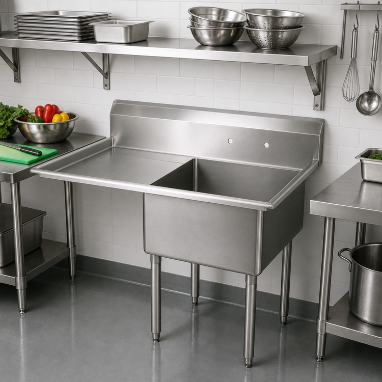 Product image #2 for BK Resources 1-Compartment Commercial Stainless Steel Sink with Left Drainboard and Legs, 24" x 24" x 14" Bowl, 9" Backsplash