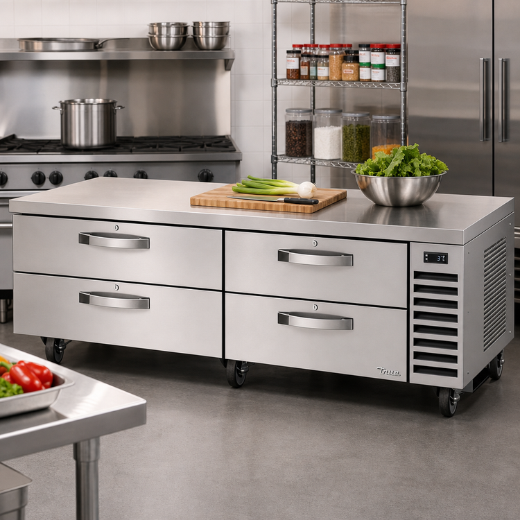 Product image #2 for True 82-3/8-Inch Wide Refrigerated Chef Base with 4 Locking Drawers, Stainless Steel, Self-Contained Side-Mounted Refrigeration