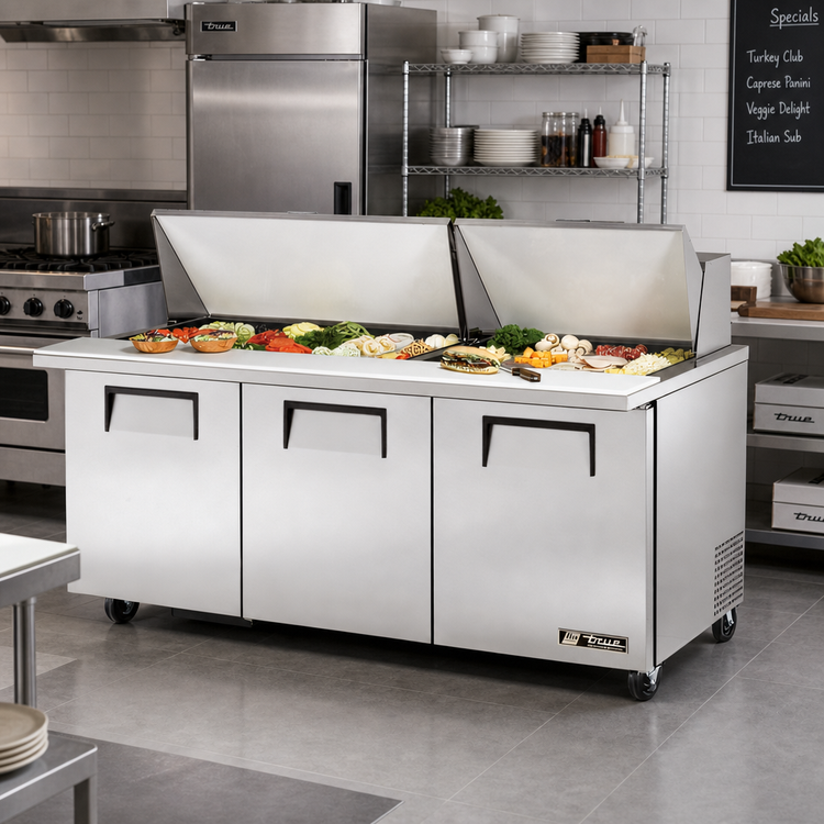 Product image #2 for True Mega Top 72-Inch 3-Section Refrigerated Sandwich/Salad Prep Table with 30-Pan Rail